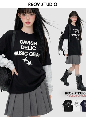 NEW 11/30｜Cavish 25SS韩版休闲星星字母印花拼色假两件长袖T恤