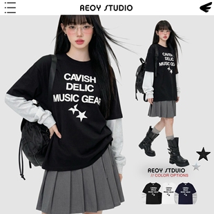 休闲星星字母印花拼色假两件长袖 NEW 25SS韩版 30｜Cavish T恤