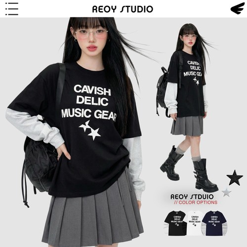 REOY Stu”Cavish 25SS韩版休闲星星字母印花拼色假两件长袖T恤