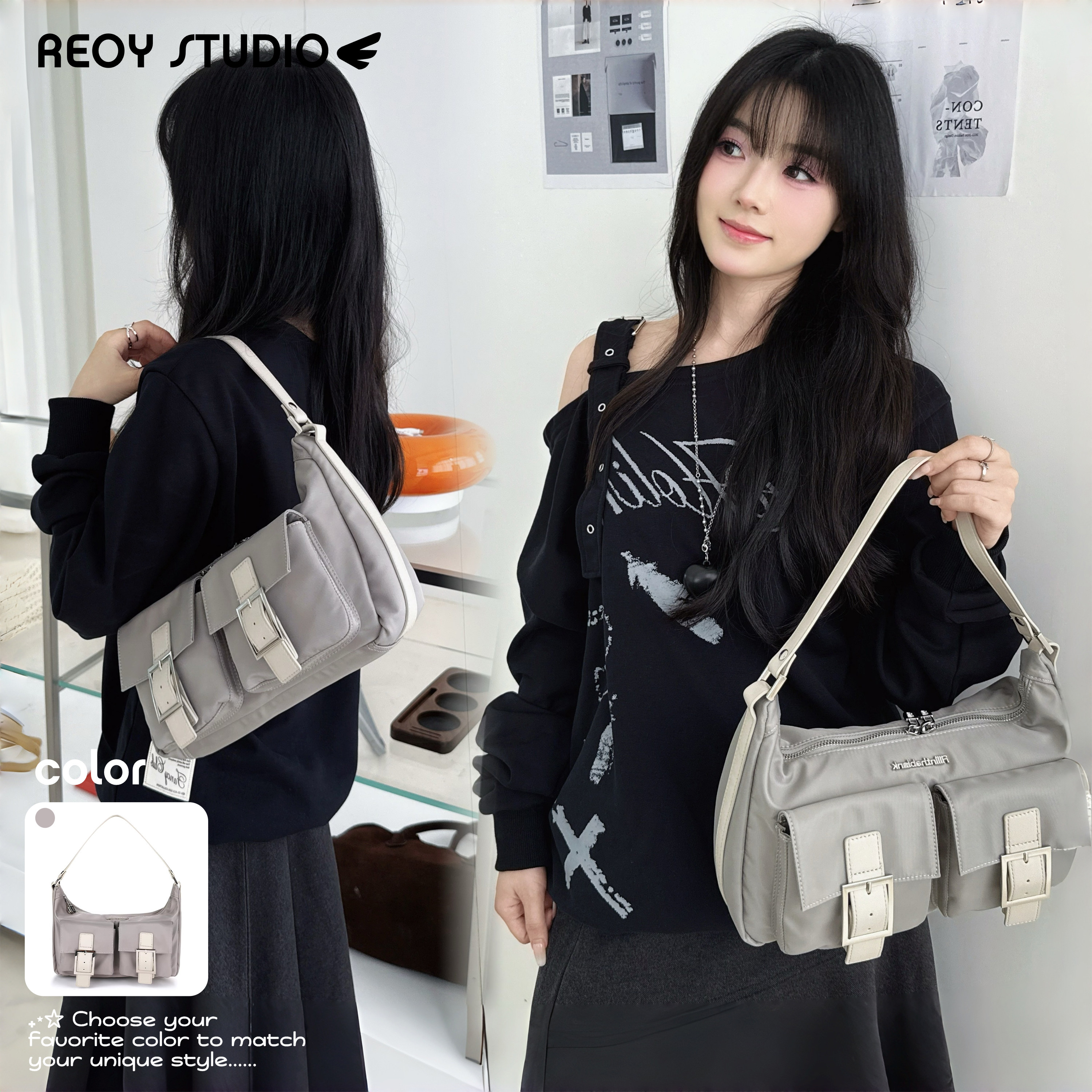 NEW 3/28｜韩国小众ins博主同款百搭单肩包休闲多口袋灰色手提包