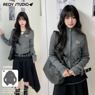 拉链针织开衫 31｜ason韩系简约风as字母刺绣灰色高领修身 NEW