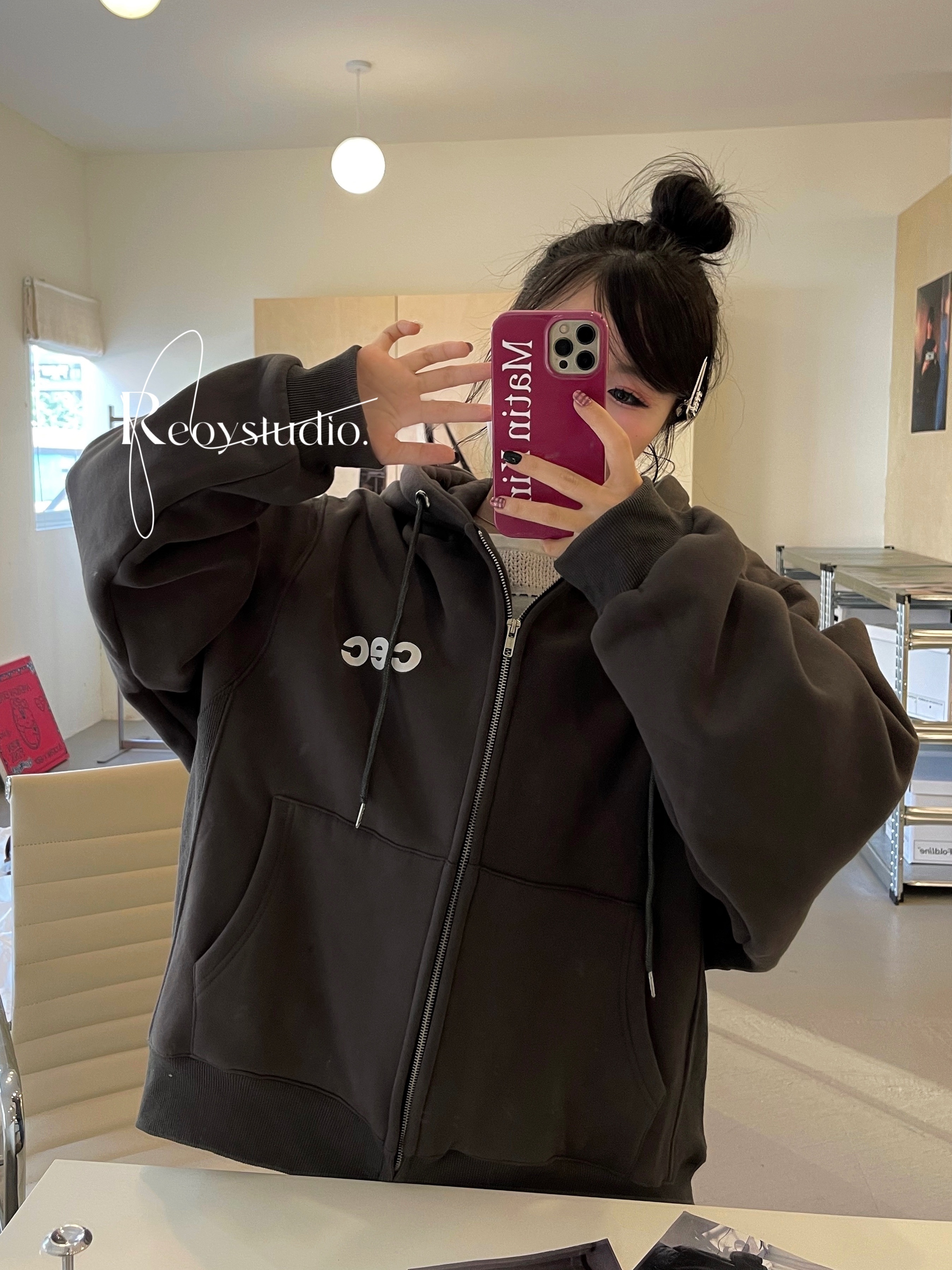 [REコンテナ] CHANCECHANCE24秋冬CEC印花烟灰色拉链连帽卫衣外套