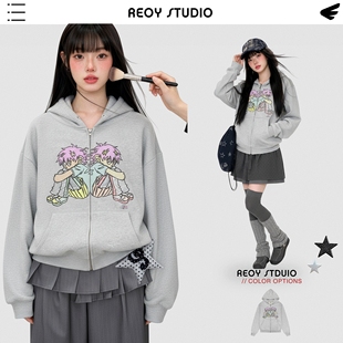 REOY Stu”柳智敏同款NGC卡通动漫精灵女孩宽松拉链连帽卫衣外套