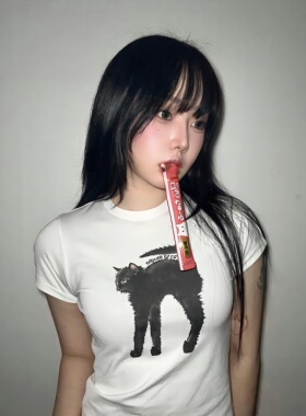 [REコンテナ] 2413studio可爱甜心猫咪修身露脐短款圆领短袖T恤