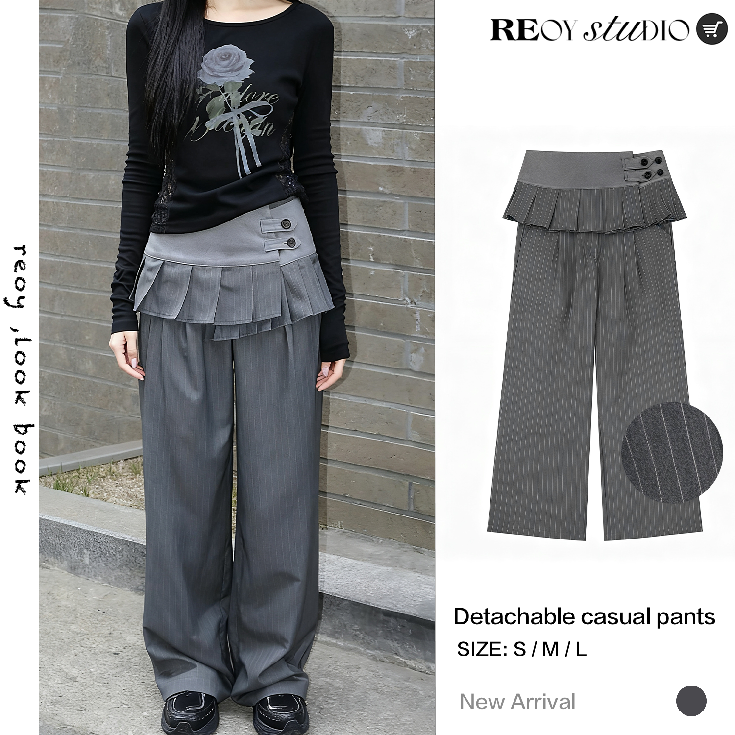 NEW 10/17|韩系复古设计慵懒随性灰色西装裤百褶裙叠穿两件套装