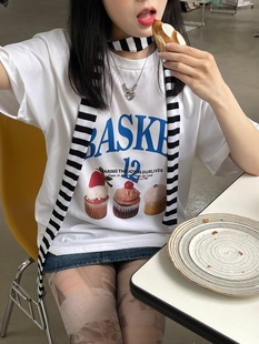 basket美式 韩版 复古纸杯小蛋糕ins风印花T恤男女 REコンテナ