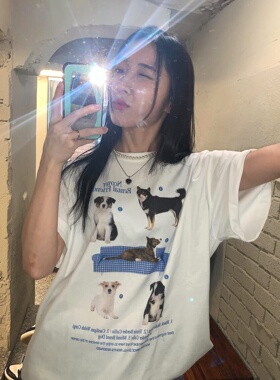 [REコンテナ] 可爱动物乖巧小狗狗印花夏季纯棉短袖百搭小众T恤