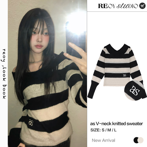 REOY Stu”韩版ason字母as刺绣露肩款长袖修身条纹打底针织衫毛衣