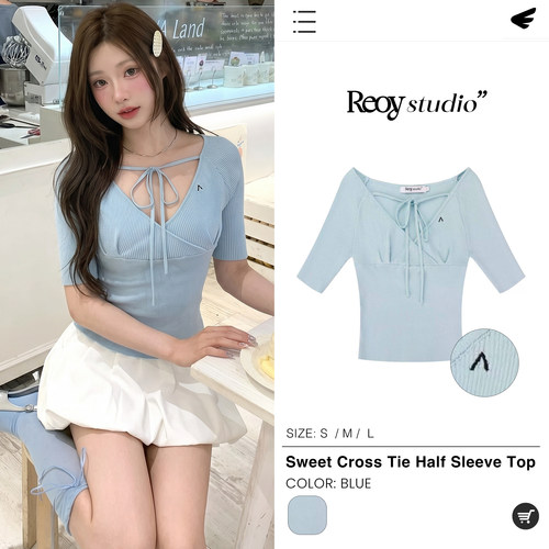 REOY Stu” 韩系芭蕾风V领低胸绑带针织衫中袖短款显瘦修身T恤女