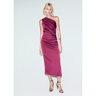 西班牙欧洲正品代购 MANGO 女 侧面开衩不对称缎面连衣裙27071192