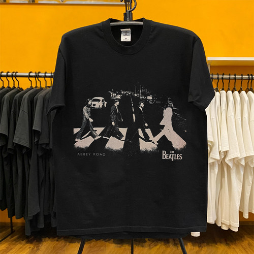 披头士Abbey Road艾比路斑马线印花 美式复古vintage摇滚短袖T恤