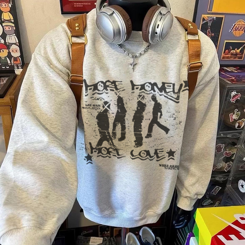 美式复古嘻哈风oversize圆领卫衣男女同款宽松百搭上衣秋冬季新款