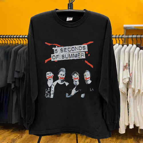 5SOS 五秒盛夏乐队红叉捂嘴人像印花 小众松弛感纯棉百搭长袖T恤