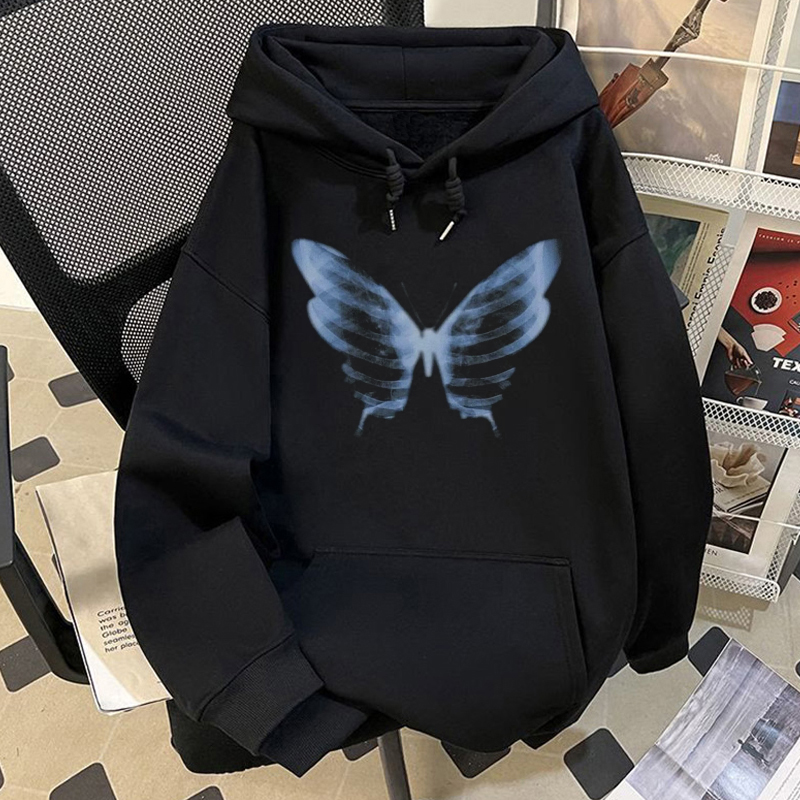 美式复古蝴蝶印花连帽卫衣男女秋冬新款宽松慵懒风oversize上衣潮