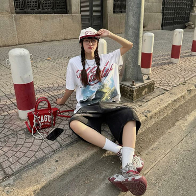 美式复古数码直喷短袖T恤男女白色纯棉圆领半袖嘻哈宽松上衣潮牌