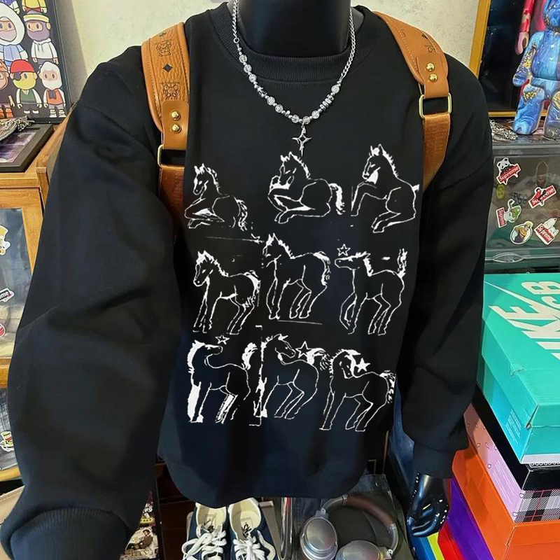 手绘涂鸦高街风黑色卫衣男女同款长袖圆领小众嘻哈休闲百搭上衣潮