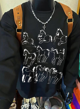 手绘涂鸦高街风黑色卫衣男女同款长袖圆领小众嘻哈休闲百搭上衣潮