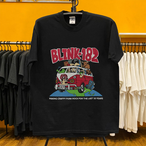 Blink-182趣味卡通巴士印花 小众朋克摇滚复古情侣款纯棉短袖T恤