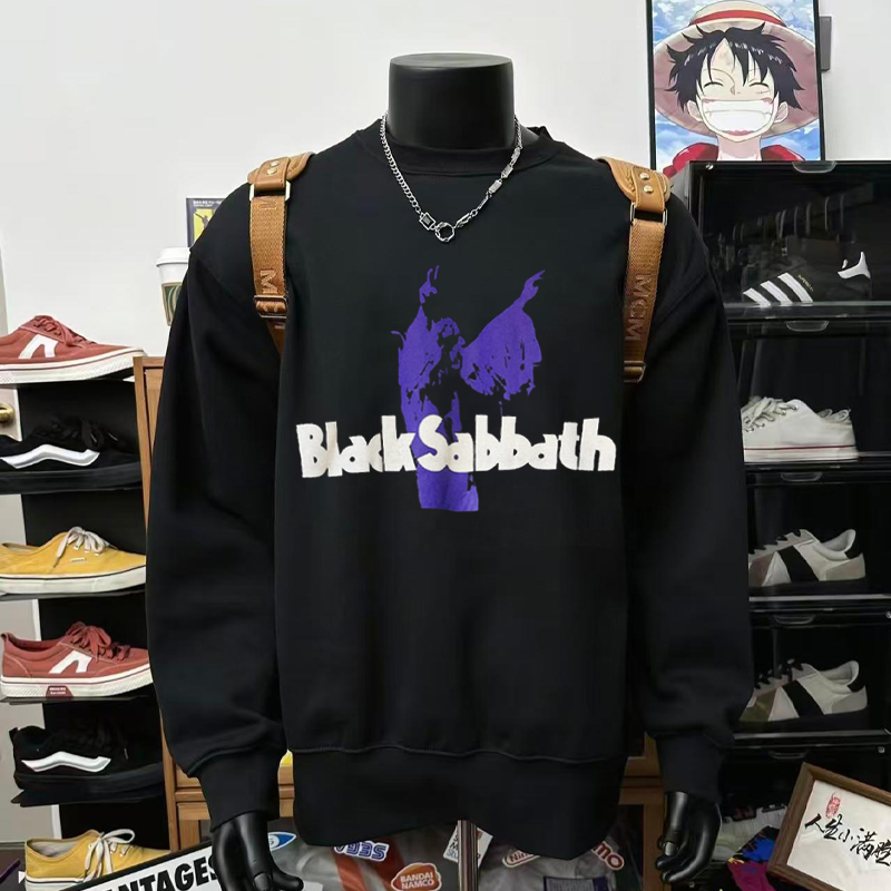 美式复古Black Sabbath乐队圆领卫衣男潮牌宽松长袖黑色上衣重磅