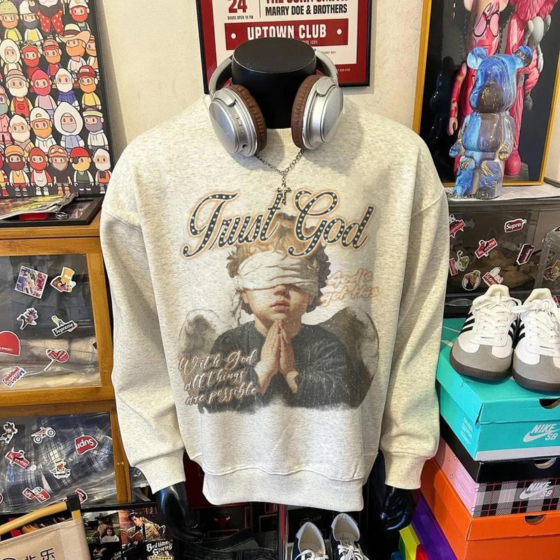 美式复古hiphop街头风嘻哈圆领卫衣男款潮牌灰色重磅加绒上衣秋冬