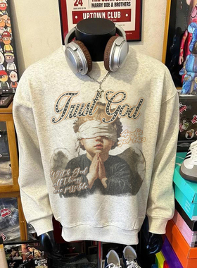 美式复古hiphop街头风嘻哈圆领卫衣男款潮牌灰色重磅加绒上衣秋冬