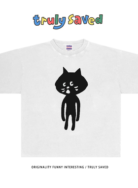 250克重磅纯棉！日系黑色猫咪ins风印花短袖T恤夏季新款情侣半袖