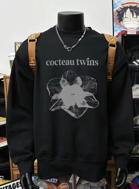 美式复古vintage花卉潮牌印花圆领卫衣男女宽松黑色上衣秋冬新款