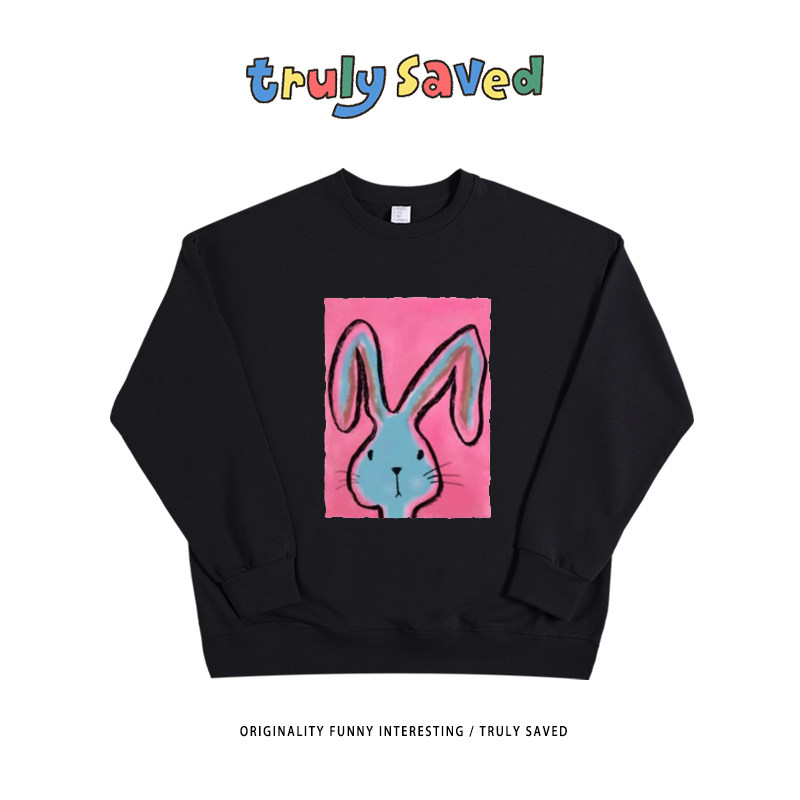 Truly saved 小众设计感涂鸦兔子印花千禧凤学生圆领卫衣oversize