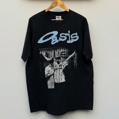 Oasis绿洲摇滚乐队复古白墨直喷短袖T恤男宽松oversize复古摇滚风