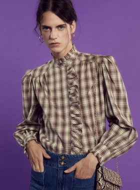 西班牙代购Sfera 法式复古格纹衬衫女泡泡袖立领荷叶边上衣