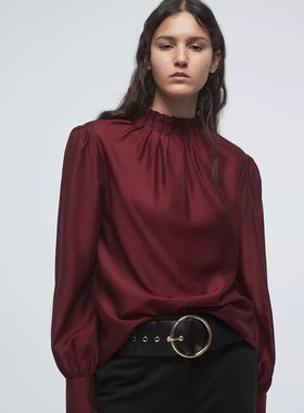 西班牙代购Sfera 轻奢优雅风立领泡泡袖衬衫女长袖百搭上衣