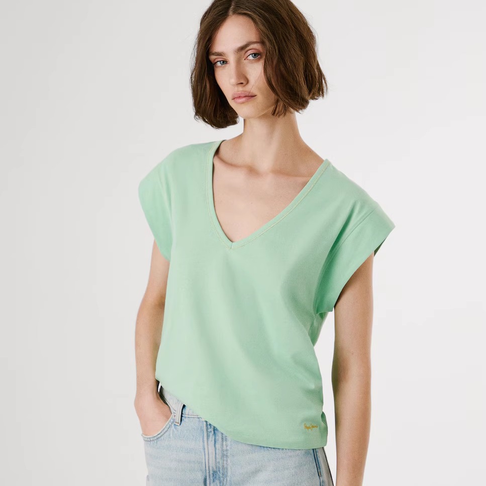 西班牙代购女V领针织T恤