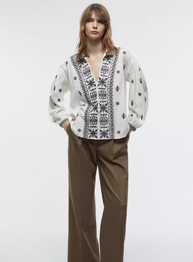 西班牙代购Sfera 波西米亚风刺绣衬衫女长袖V领民族感花纹上衣