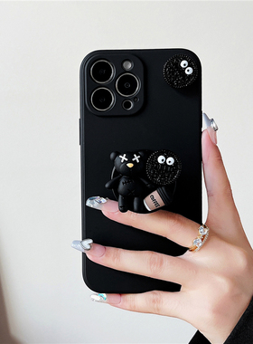 黑色小熊旋转饼干12适用苹果17promax手机壳可爱iphoneAir立体气囊支架15软硅胶13创意小众14/16Plus全包防摔