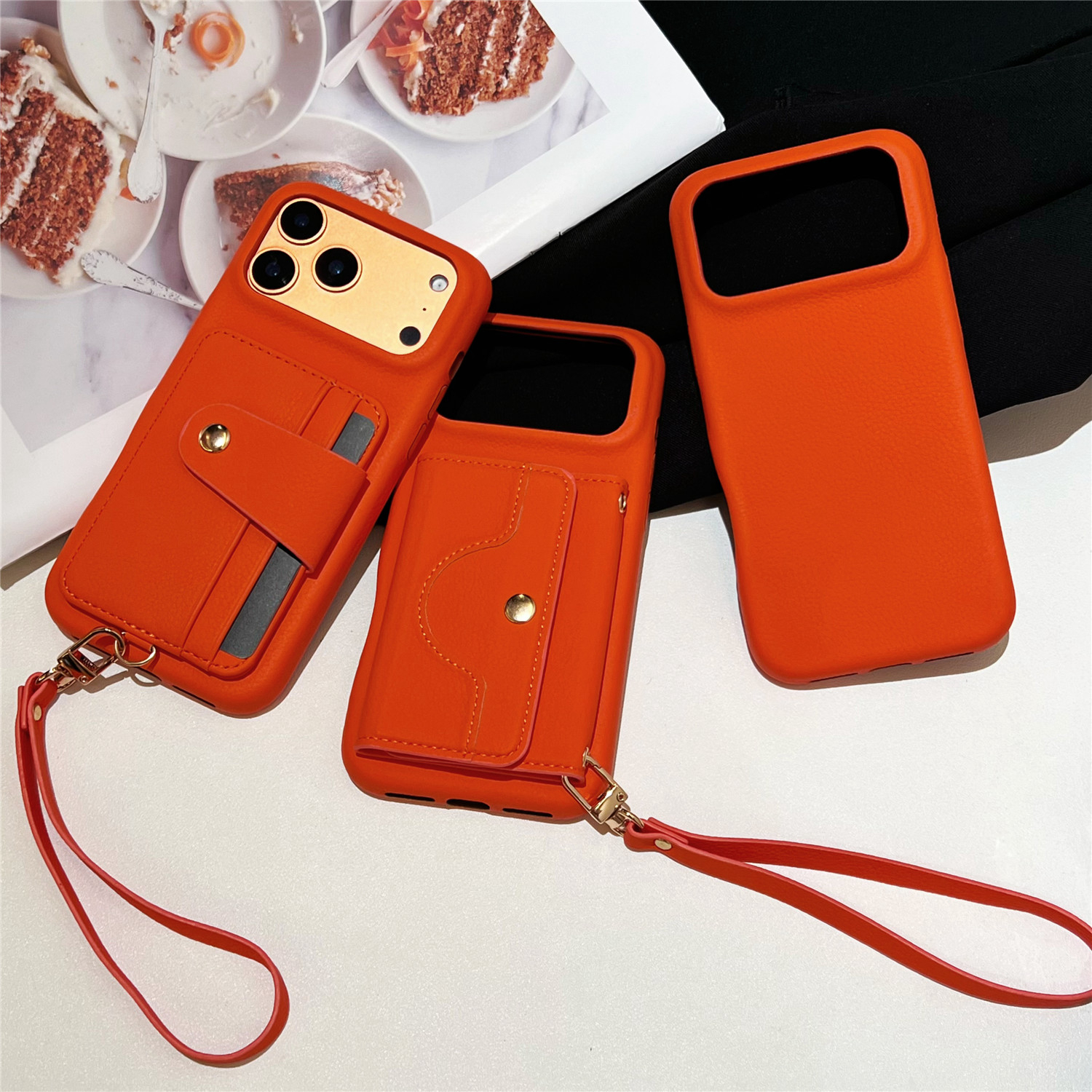 橙色皮质荔枝纹纽扣插卡包带手绳