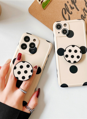 ins风波点奶茶色13适用苹果16promax手机壳气囊支架伸缩iphone14plus韩系简约14米白色软壳xs全包防摔12/11女