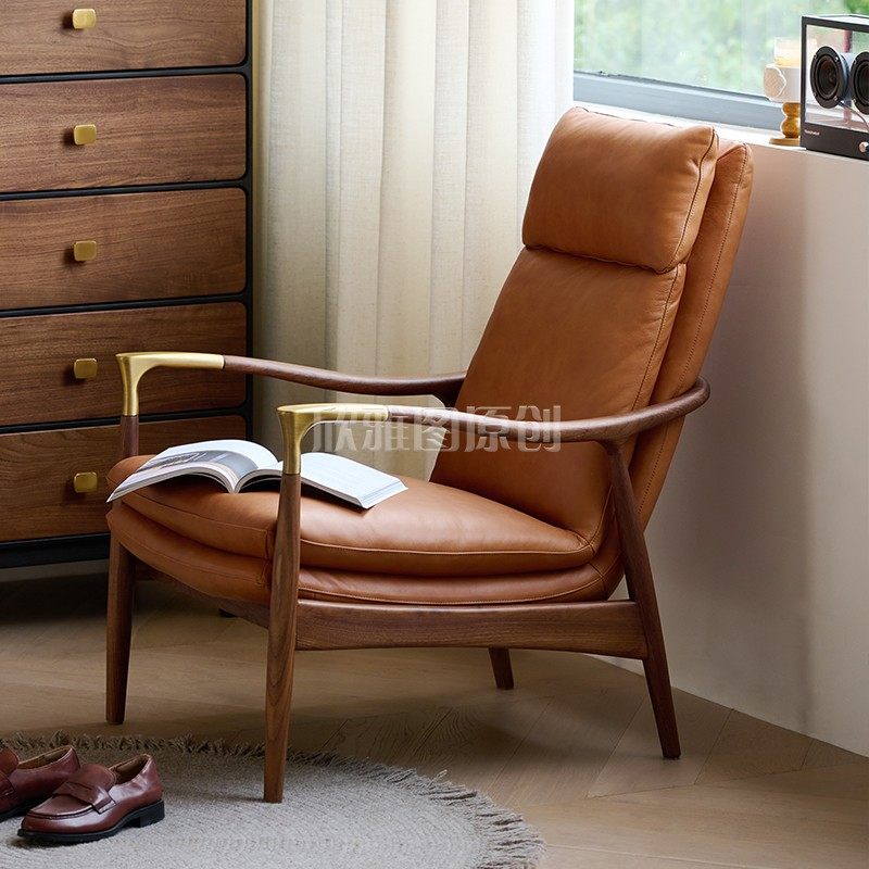 北美黑胡桃木真皮休闲椅家用单人沙发椅客厅单人椅轻奢高端皮椅子,住宅家具,沙发椅,淘宝优惠券,粉丝福利购,淘宝优惠卷