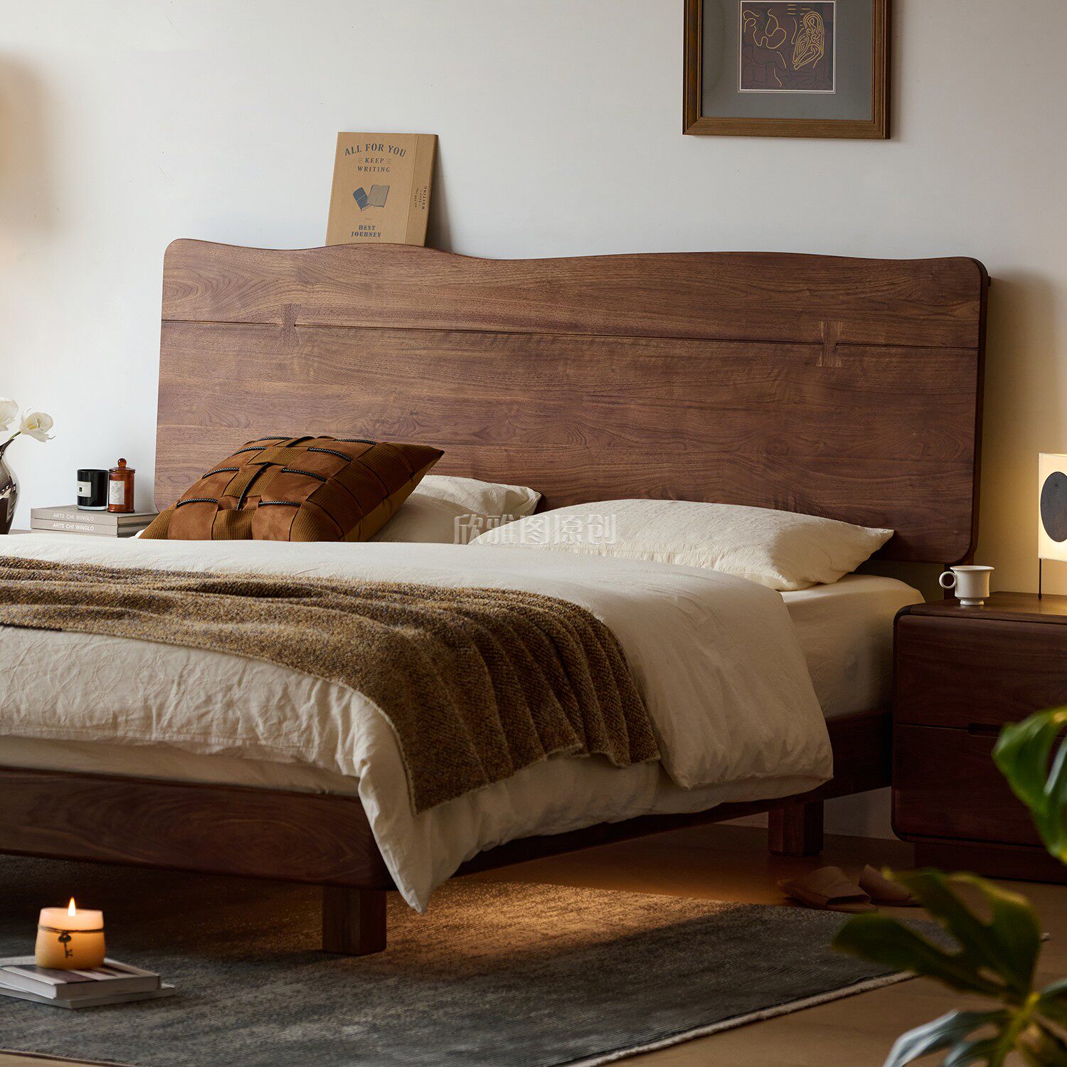 北美黑胡桃木床高端全实木床1米8双人床家用主卧大床北欧原木家具