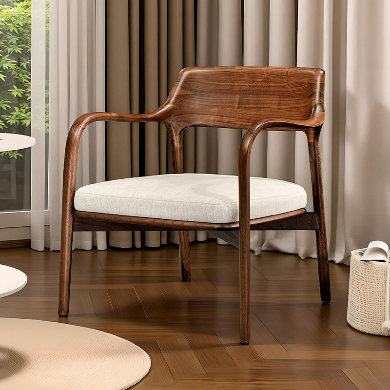 意式轻奢北美黑胡桃木单人沙发椅客厅实木休闲椅子卧室极简布单椅