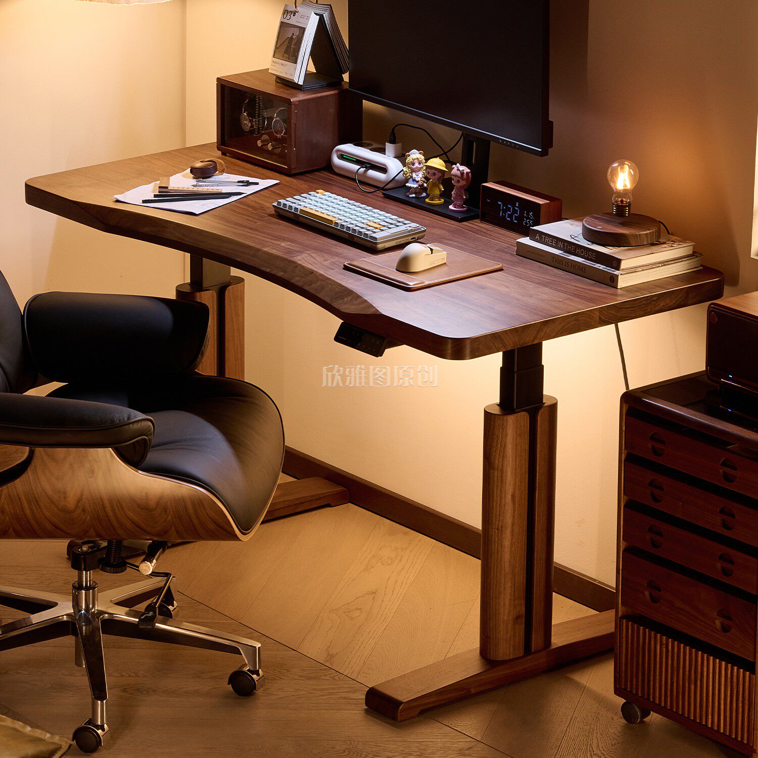 北美黑胡桃木电动升降桌家用办公桌电脑桌实木大板书桌工作台吧台