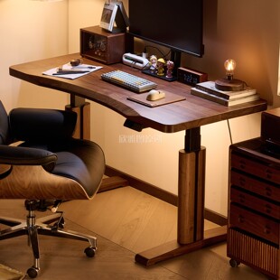 北美黑胡桃木电动升降桌家用办公桌电脑桌实木大板书桌工作台吧台