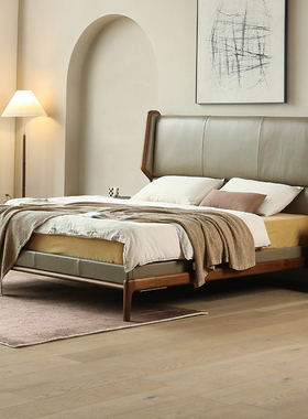 意式轻奢北美黑胡桃木床北欧实木床主卧大床双人真皮床极简软包床