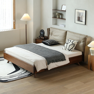 極簡真皮床輕奢北美黑胡桃木床1.8米別墅實木床主臥雙人床1.5 意式