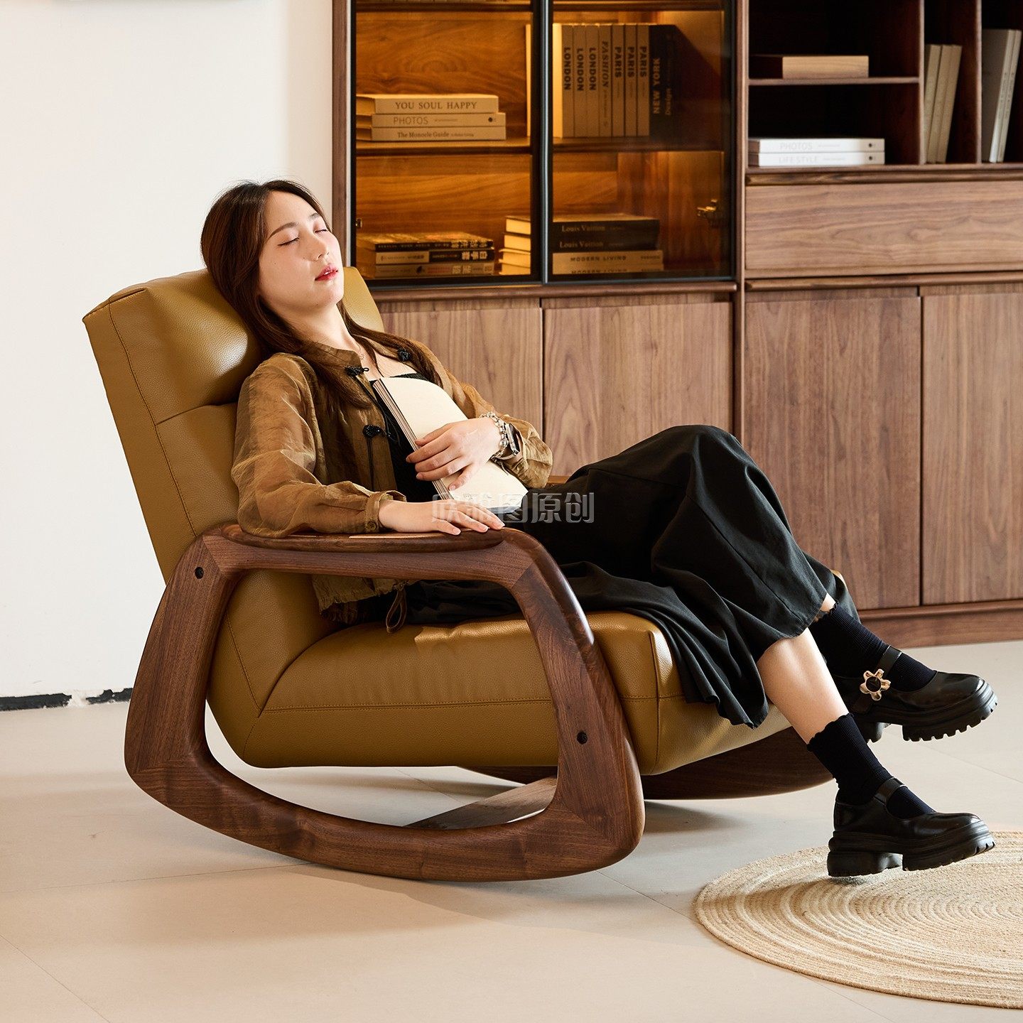 北美黑胡桃木实木沙发椅真皮躺椅