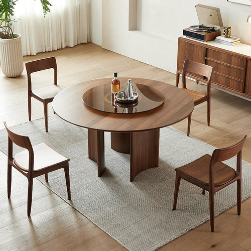 意式极简北美黑胡桃木餐桌实木圆桌带转盘高档圆形大桌子家用家具