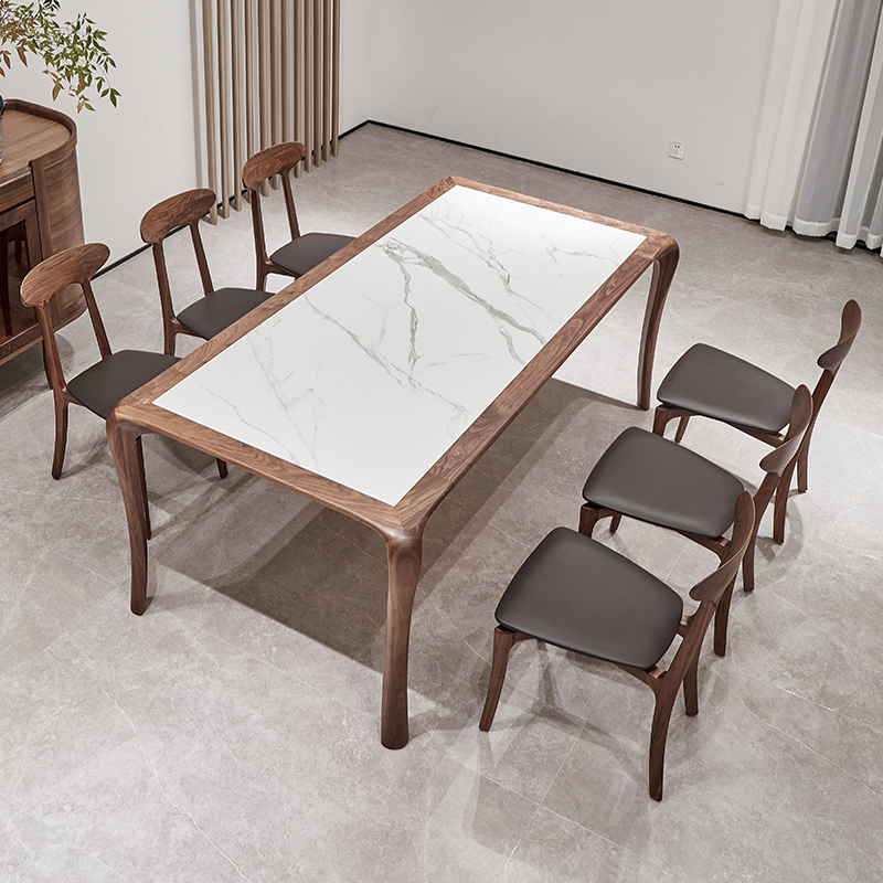 意式岩板餐桌长方形实木餐厅桌子原木极简北美黑胡桃木餐桌椅餐台