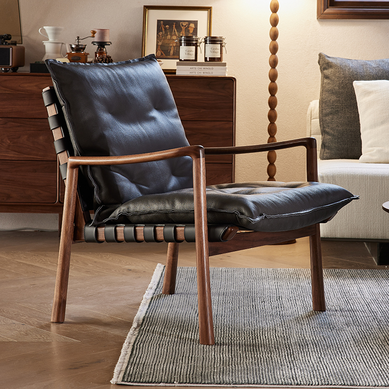 北美黑胡桃木沙发椅北欧实木真皮