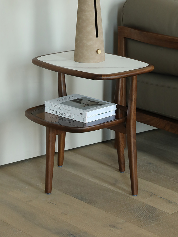 北美黑胡桃角桌意大利无障碍豪华石板边桌客厅沙发边桌实木玻璃小