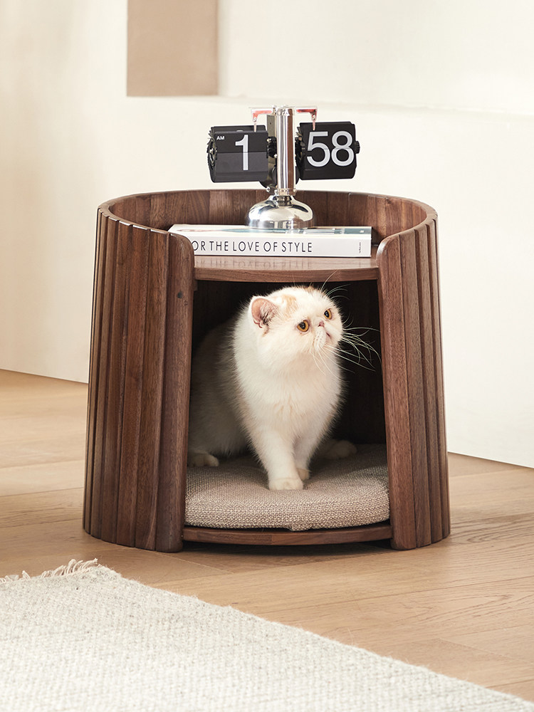 北美黑胡桃木角几北欧实木沙发边几客厅猫窝圆形猫舍猫咪小茶几桌