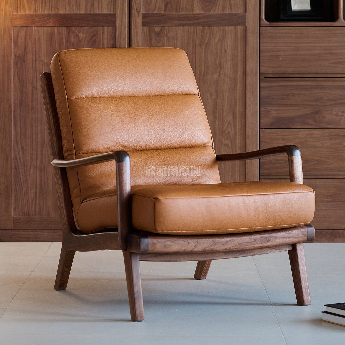 北美黑胡桃木真皮单椅客厅单人沙发椅轻奢高级感休闲椅家用扶手椅